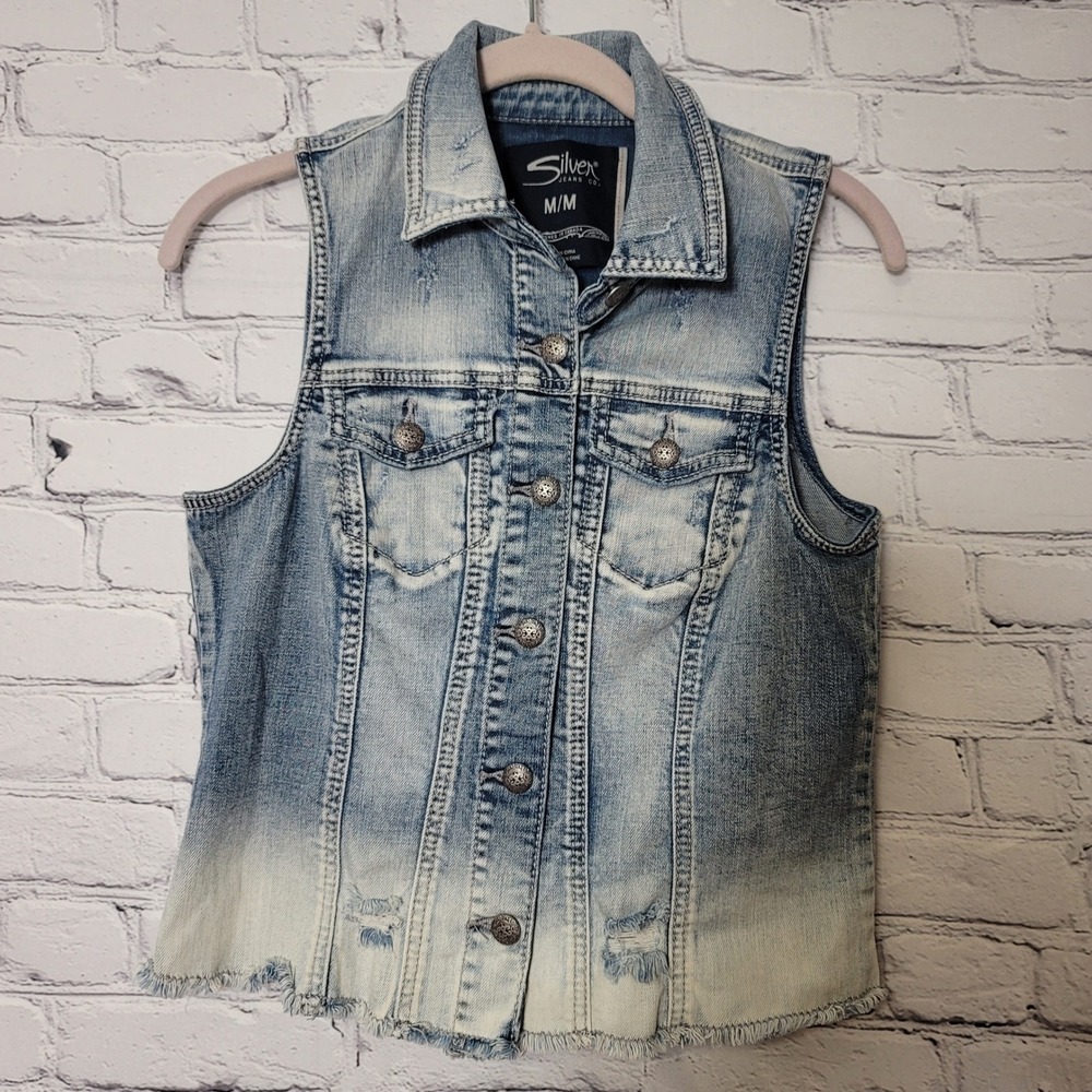 Silver Jeans Co Ombre Distressed Denim‎ Vest Womens M Blue Frayed Hem Grunge Y2K